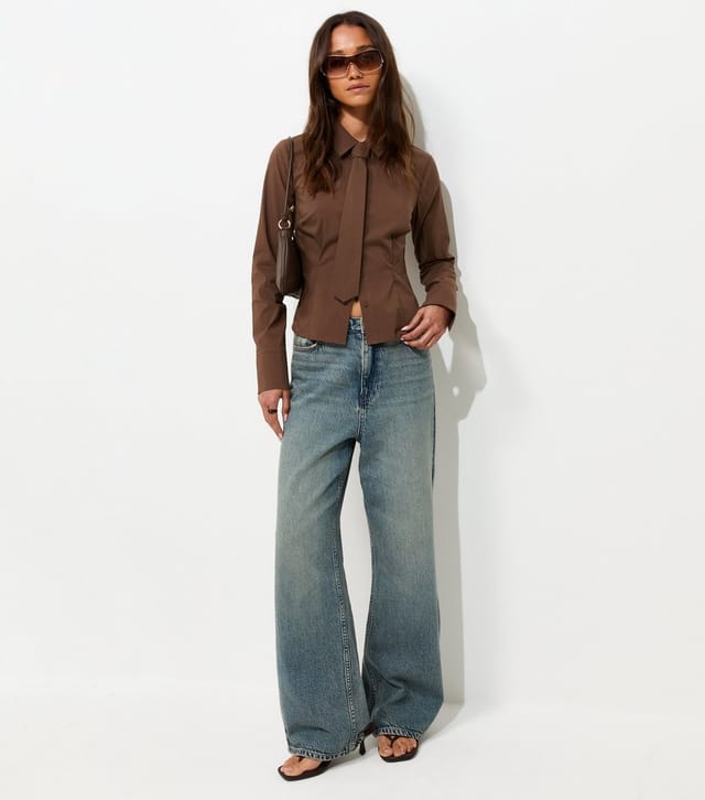 New Look Women's Dark Brown Cotton Rich Tie Neck Fitted Shirt New Look - 2