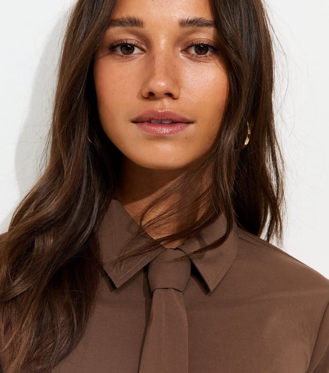 New Look Women's Dark Brown Cotton Rich Tie Neck Fitted Shirt New Look - 3
