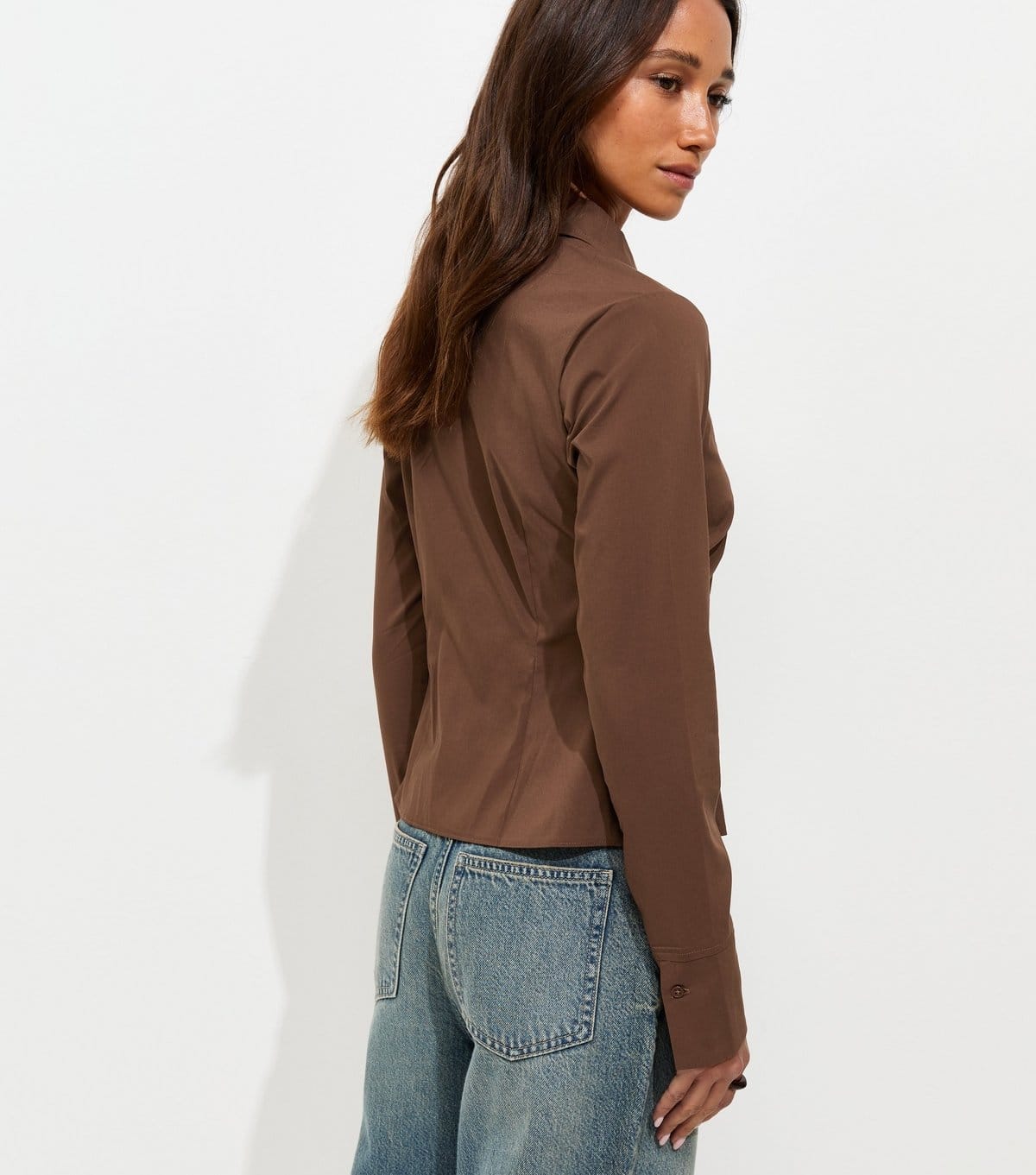 New Look Women's Dark Brown Cotton Rich Tie Neck Fitted Shirt New Look - 4