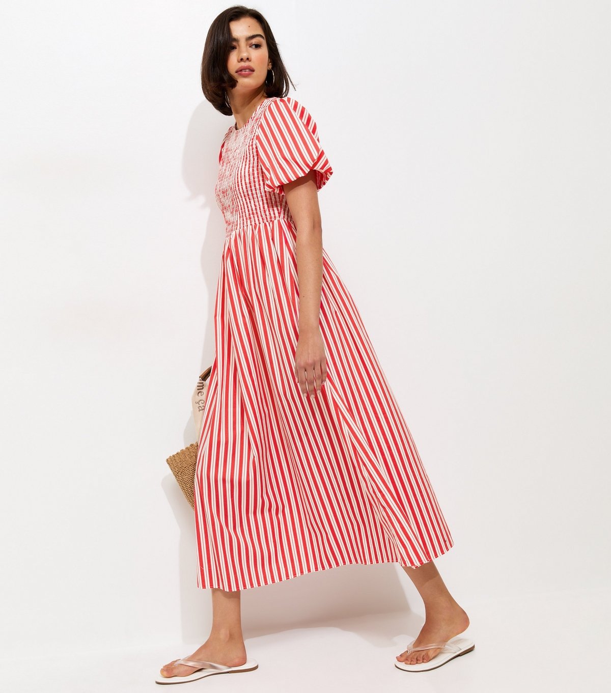 New Look Women's Pink Striped Puff Sleeves Shirred Smock Midi Dress New Look - 2