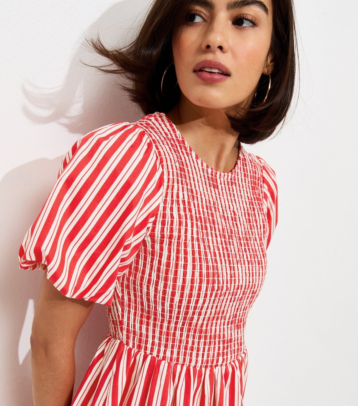 New Look Women's Pink Striped Puff Sleeves Shirred Smock Midi Dress New Look - 3