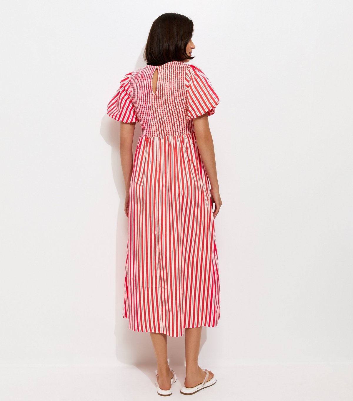 New Look Women's Pink Striped Puff Sleeves Shirred Smock Midi Dress New Look - 4