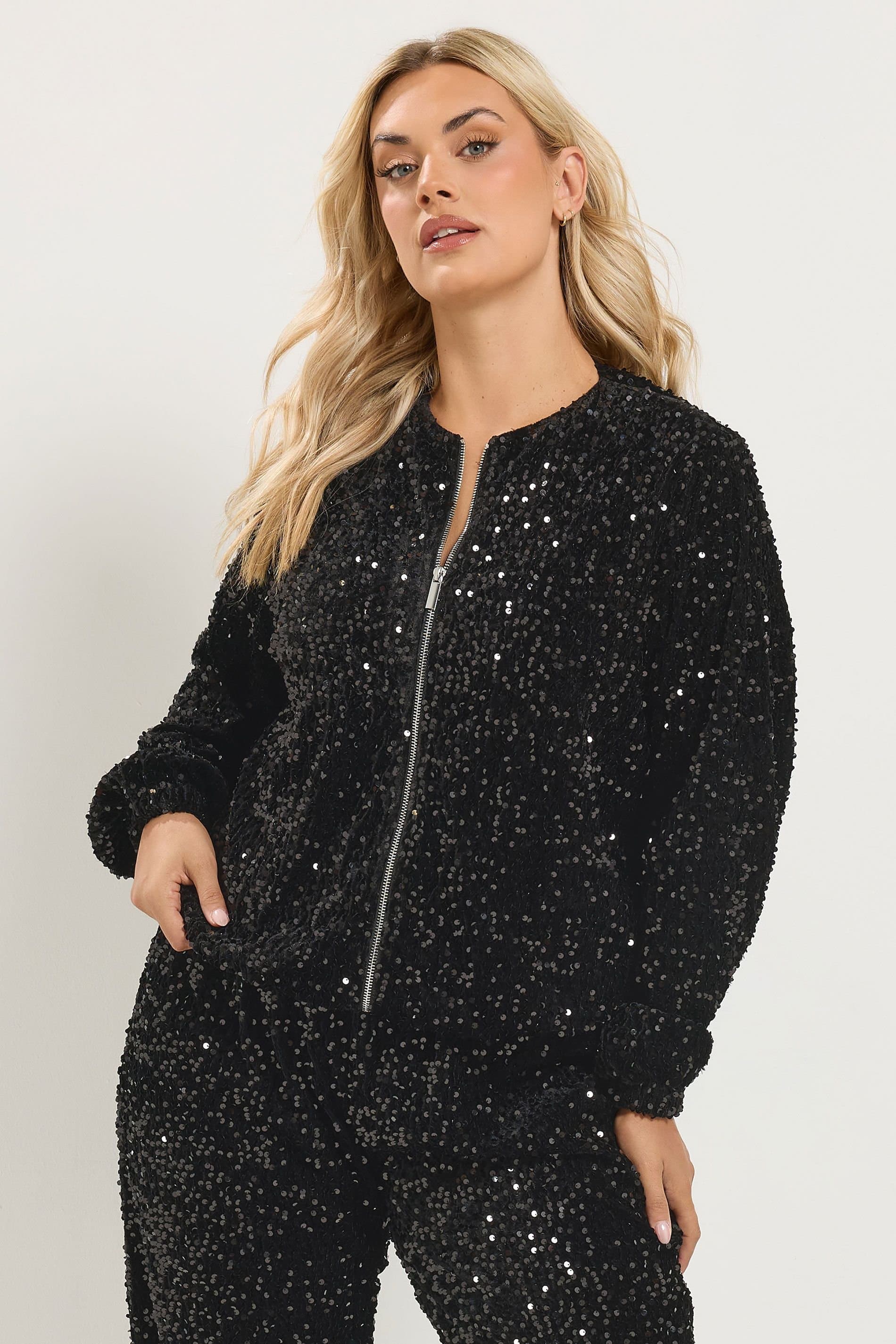 Yours Yours Women's Sequin Bomber Jacket in Black