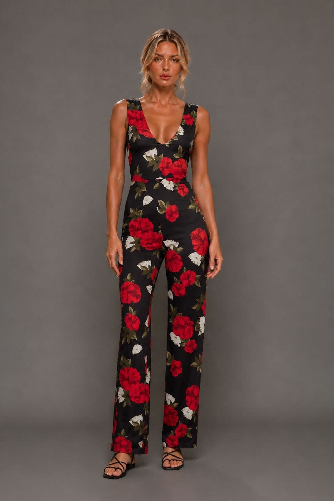 Vesper Vesper Women's V Neckline Wide Leg Floral Print Jumpsuit