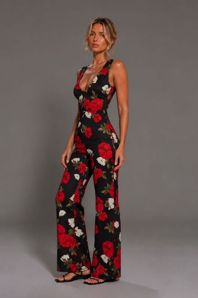 Vesper Vesper Women's V Neckline Wide Leg Floral Print Jumpsuit - 3