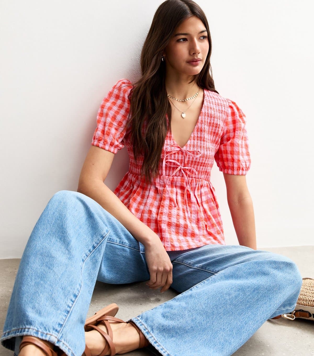 New Look Women's Red Textured Gingham Print Shirred Tie Top New Look