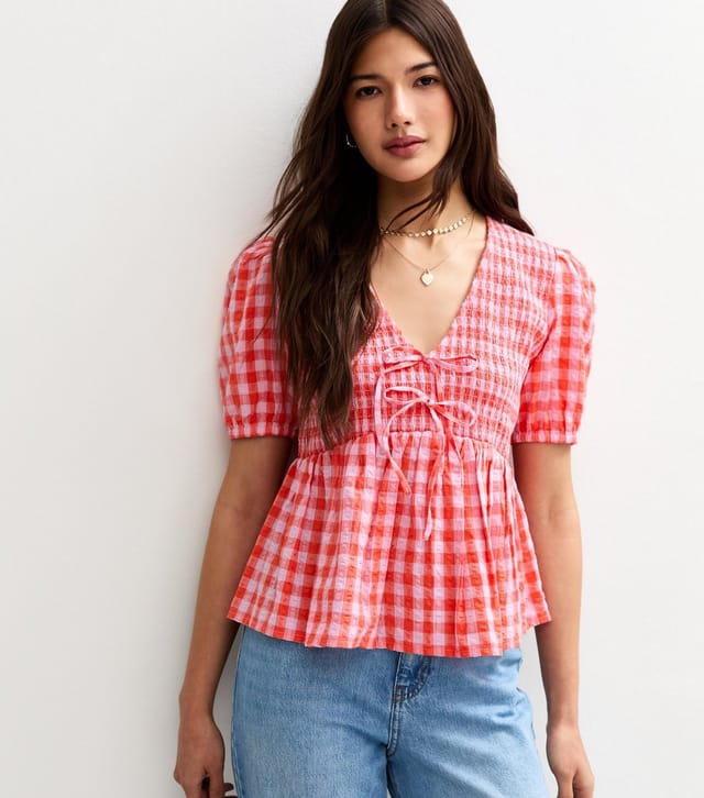 New Look Women's Red Textured Gingham Print Shirred Tie Top New Look - 2