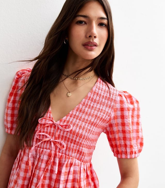 New Look Women's Red Textured Gingham Print Shirred Tie Top New Look - 3