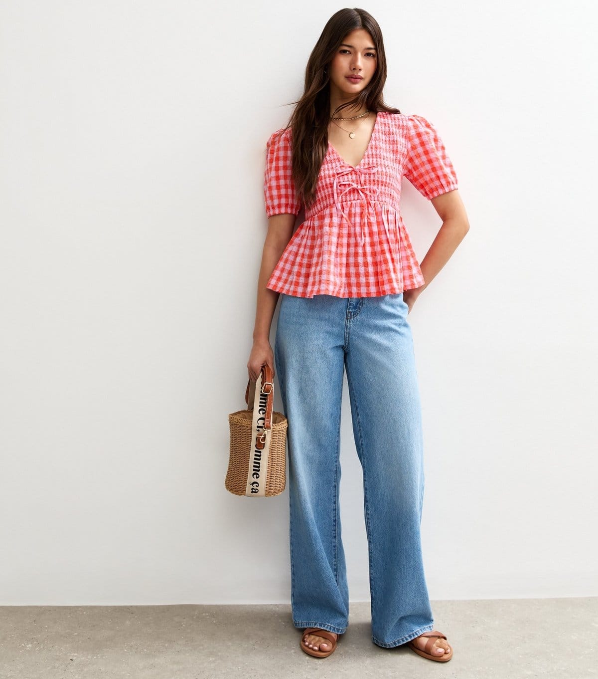 New Look Women's Red Textured Gingham Print Shirred Tie Top New Look - 4