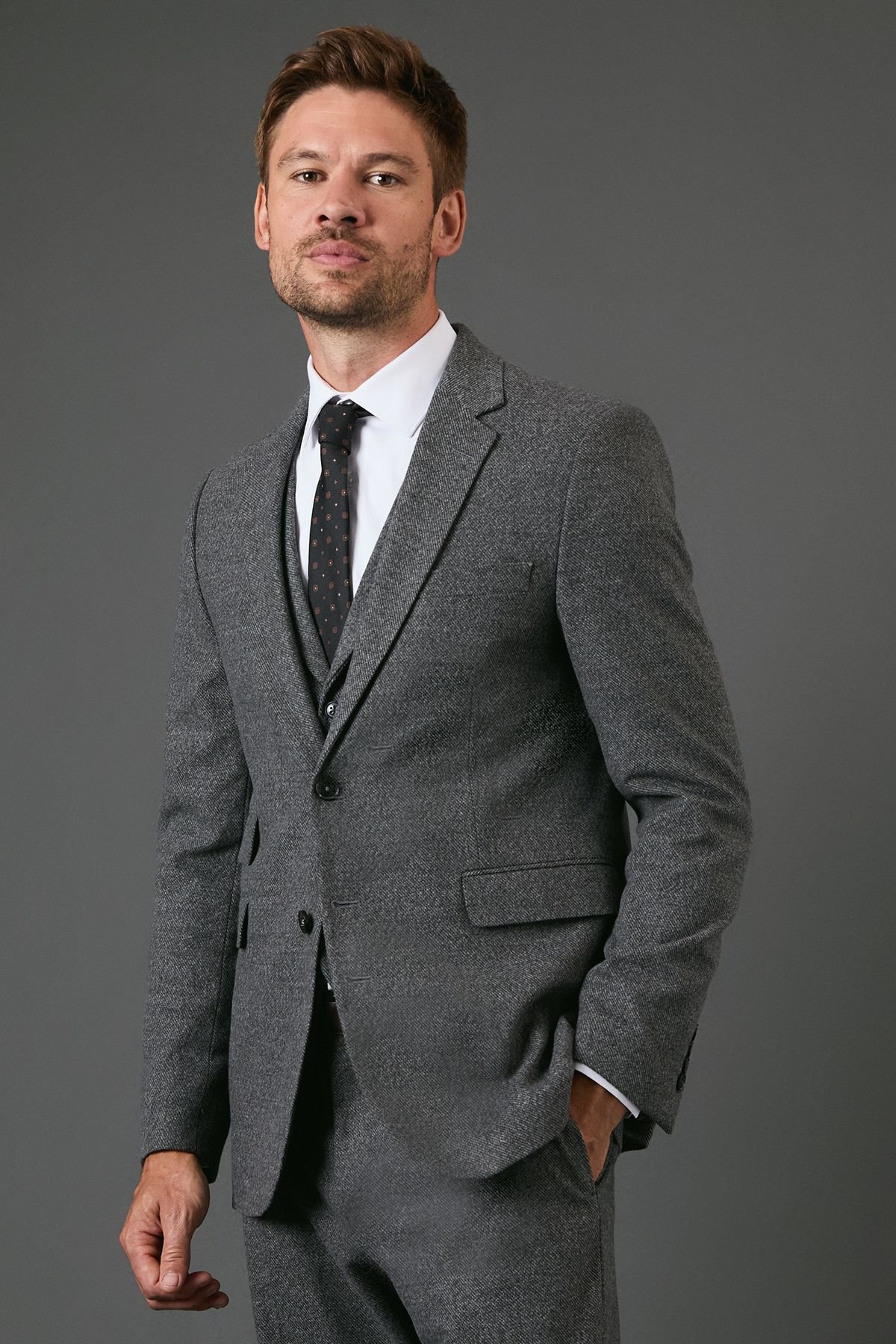 Burton Burton Men's Charcoal Tweed Look Slim Fit Suit Jacket - 2