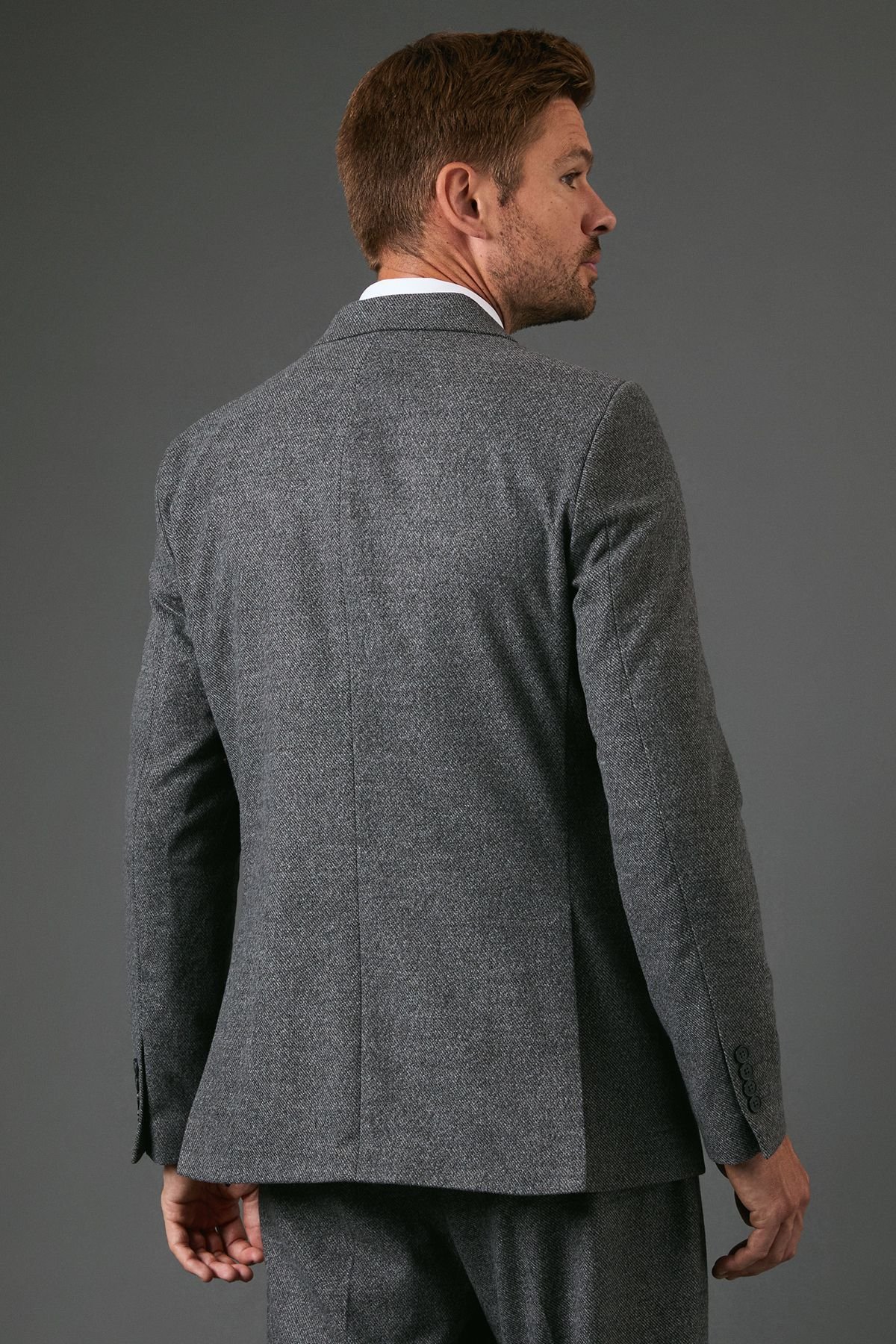 Burton Burton Men's Charcoal Tweed Look Slim Fit Suit Jacket - 3