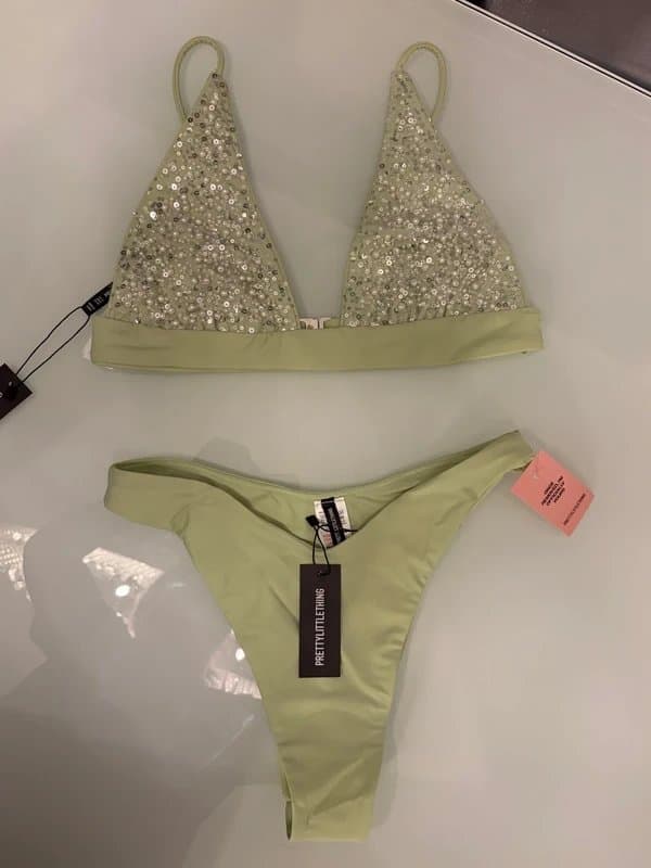 PLT 12 top 10 bottoms NEW Embellished sparkly sequin glitter & pearl lime / mint green silver bikini set