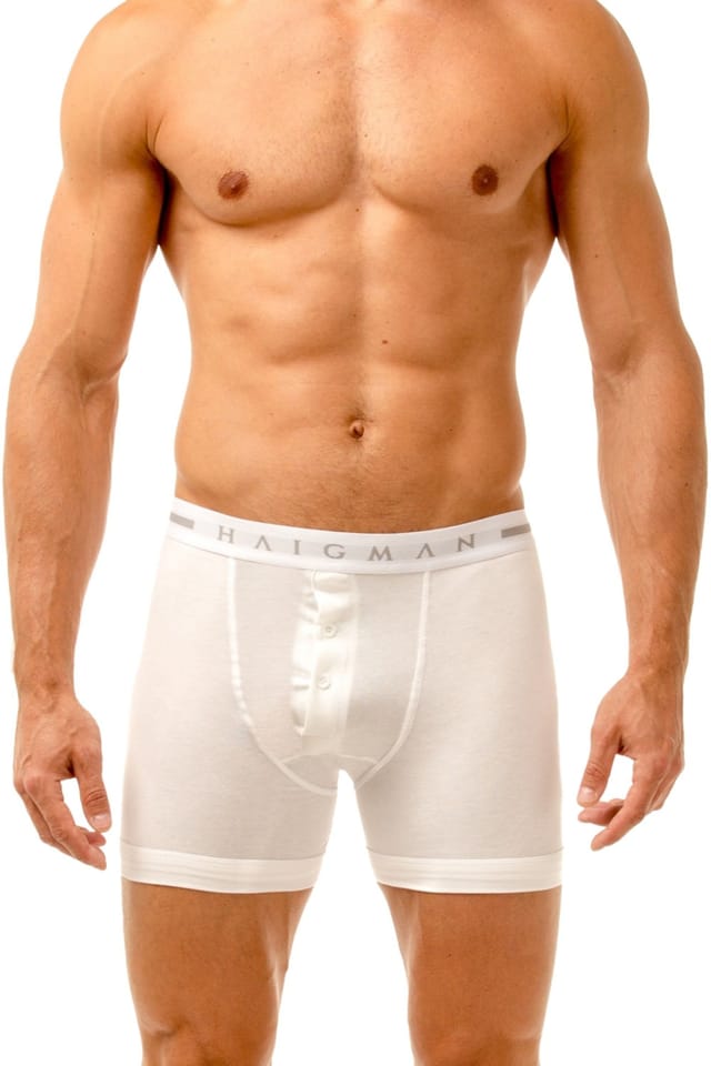 Haigman Haigman Men's Men's 2 Pack Cotton Stretch Button Front Boxer Shorts in White - 3