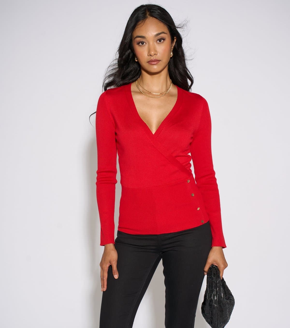 Gini London Gini London Bright Red Knitted Gold Button Top