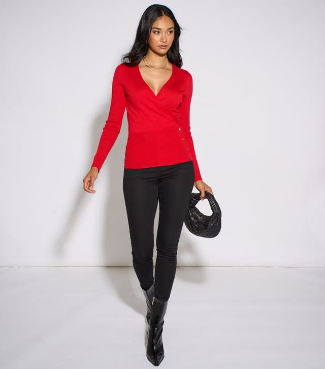 Gini London Women's Bright Red Knitted Gold Button Top Gini London New Look - 2