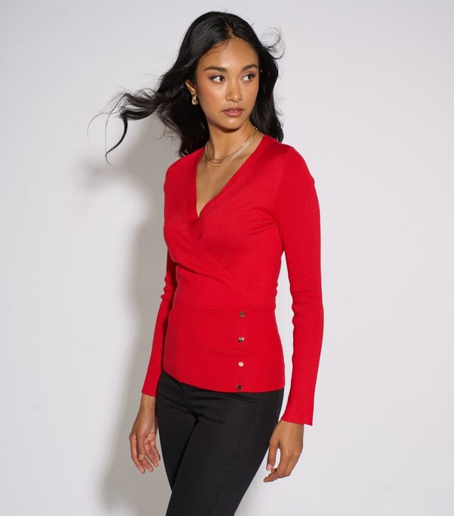 Gini London Women's Bright Red Knitted Gold Button Top Gini London New Look - 3