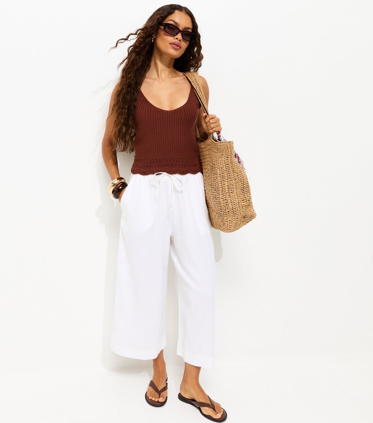 New Look Women's Petite White Linen Blend Cropped Trousers New Look