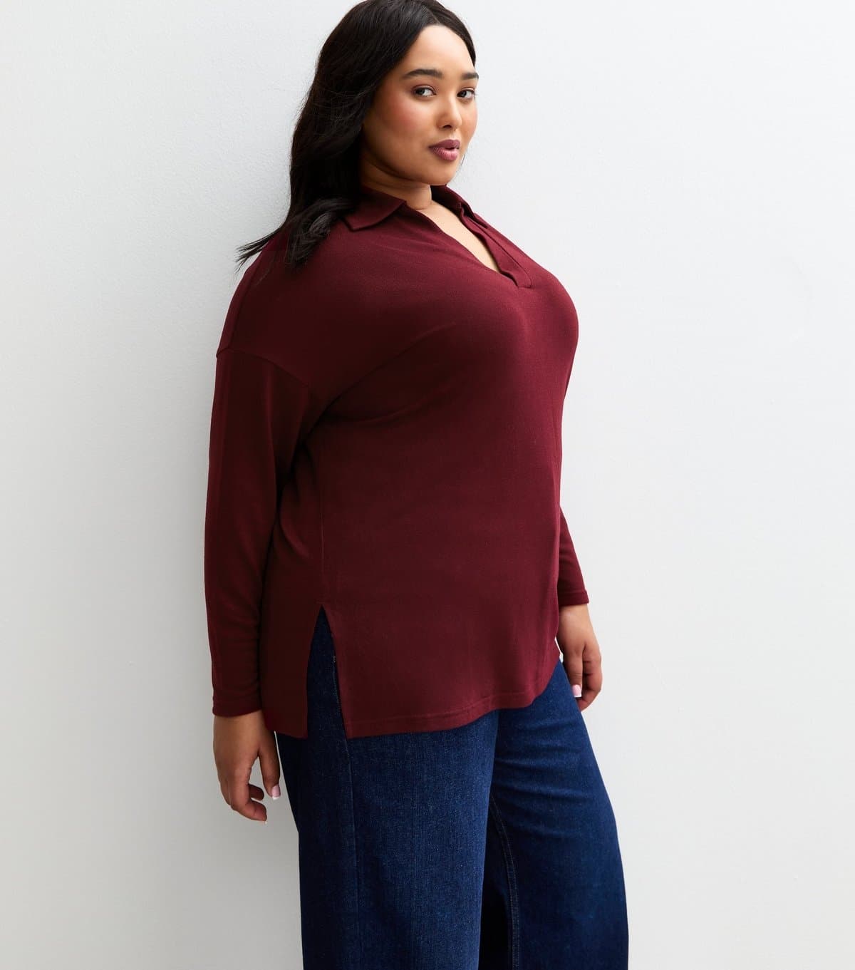 New Look Women's Plus Size Dark Burgundy Soft Touch Rugby Polo Top Curves New Look