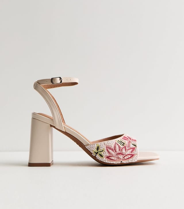 New Look Women's Off White Beaded Floral Block Heel Sandals Vegan New Look - 2
