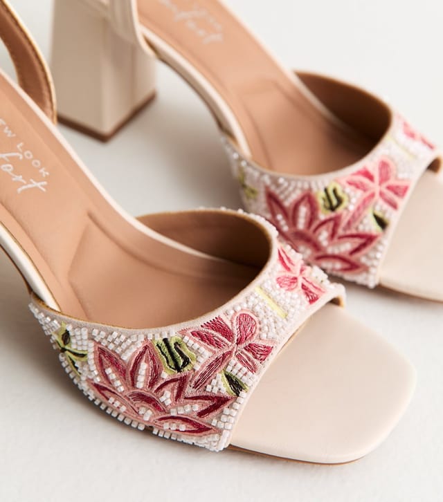 New Look Women's Off White Beaded Floral Block Heel Sandals Vegan New Look - 3