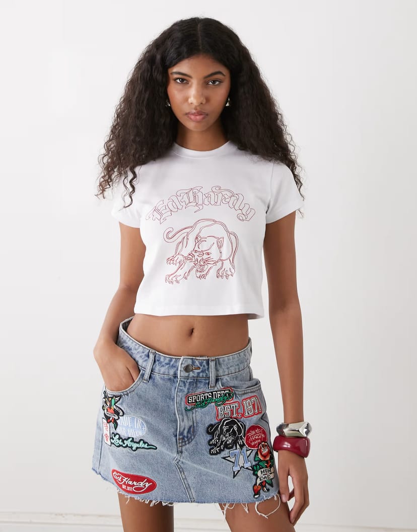 ASOS Ed Hardy multi badge tattoo denim mini skirt in mid blue - 1