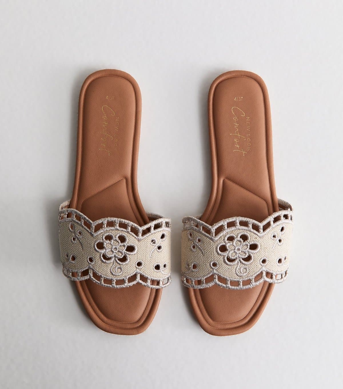 New Look Women's Off White Floral Broderie Anglaise Flat Mule Sandals Vegan New Look