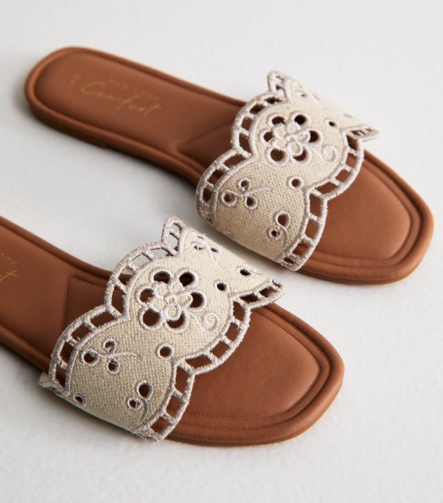 New Look Women's Off White Floral Broderie Anglaise Flat Mule Sandals Vegan New Look - 3