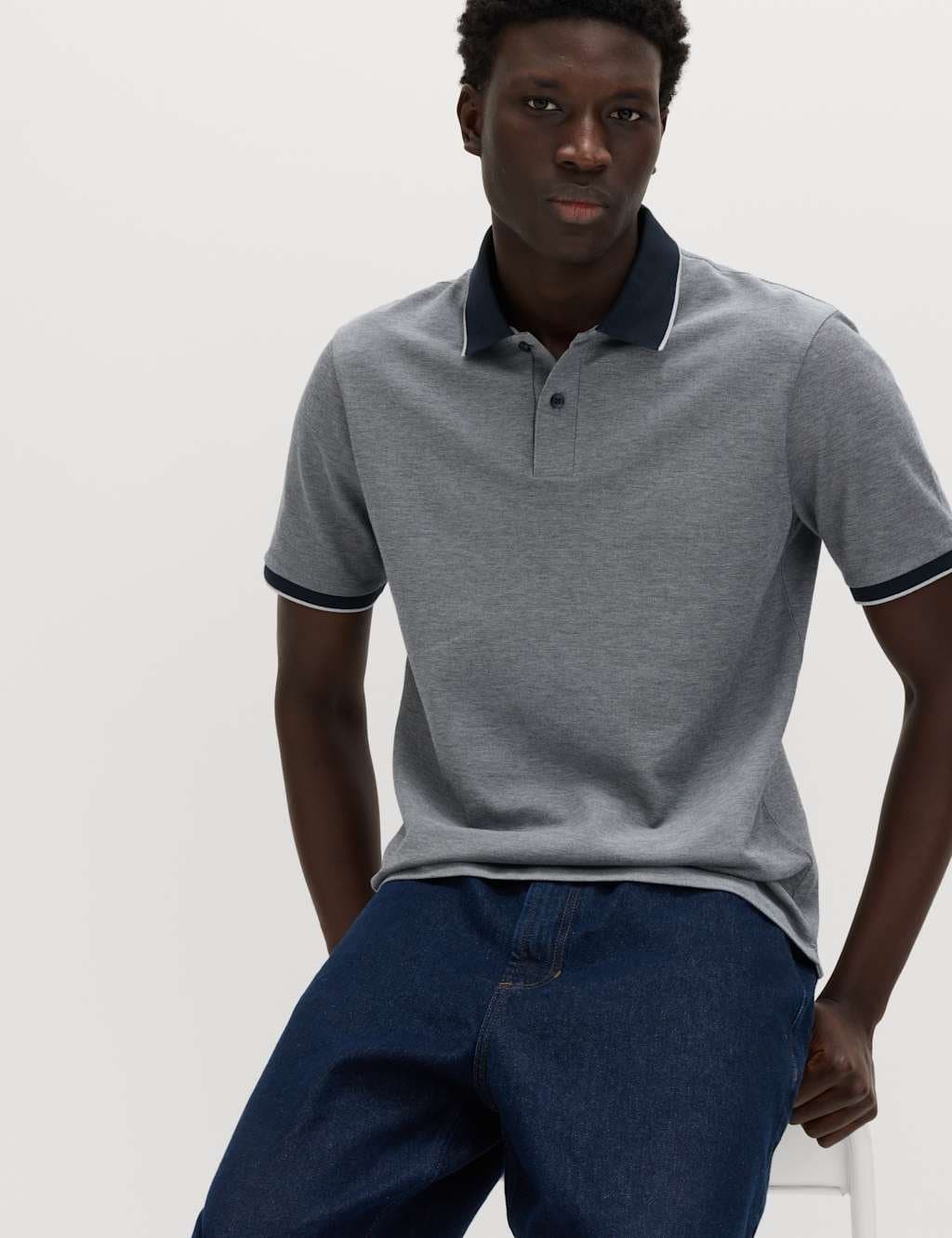 Marks & Spencer M&S Ultimate Tipped Pique Polo Shirt Navy Marl