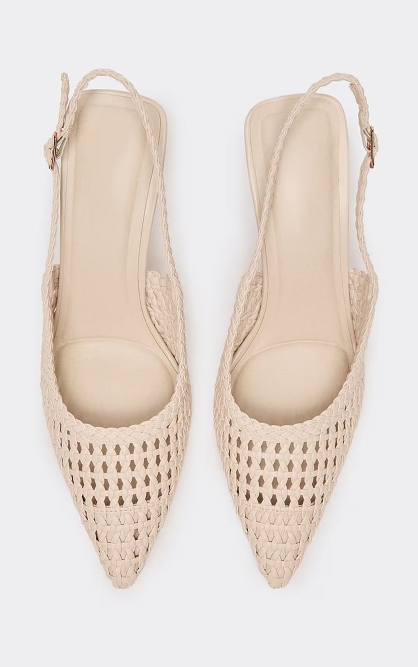EGO Citric Woven Detail Pointed Toe Slingback Court Heel In Beige Faux Leather, Women's Size UK 3 - 1