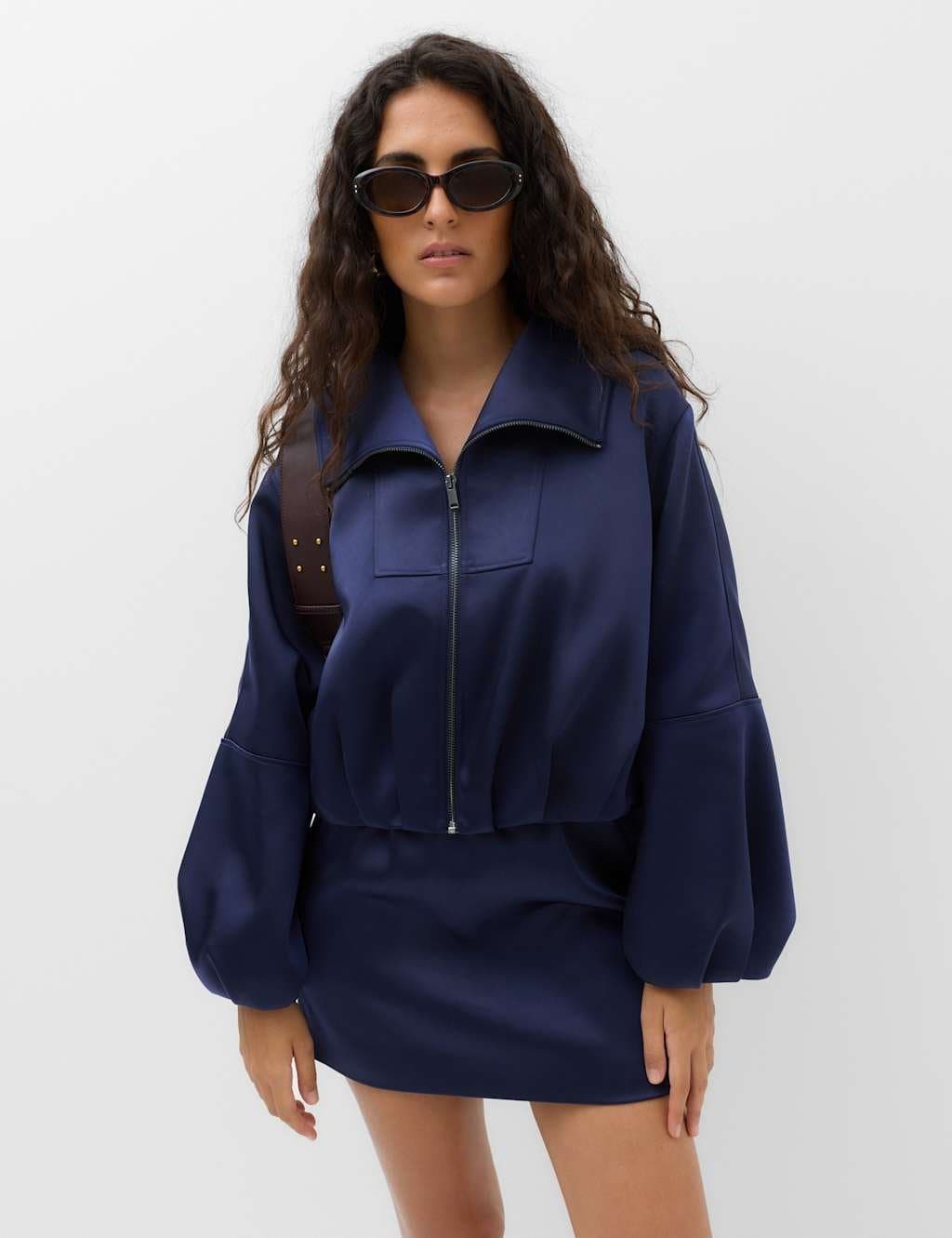 Marks & Spencer M&S Satin Blouson Sleeve Cropped Bomber Jacket Navy