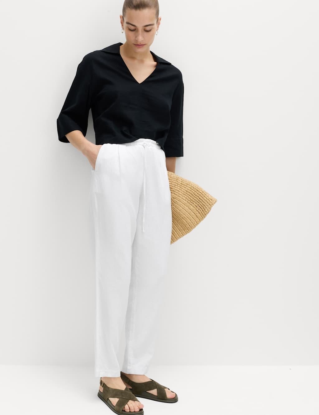 M&S Linen Rich Elasticated Waist Tapered Trousers White