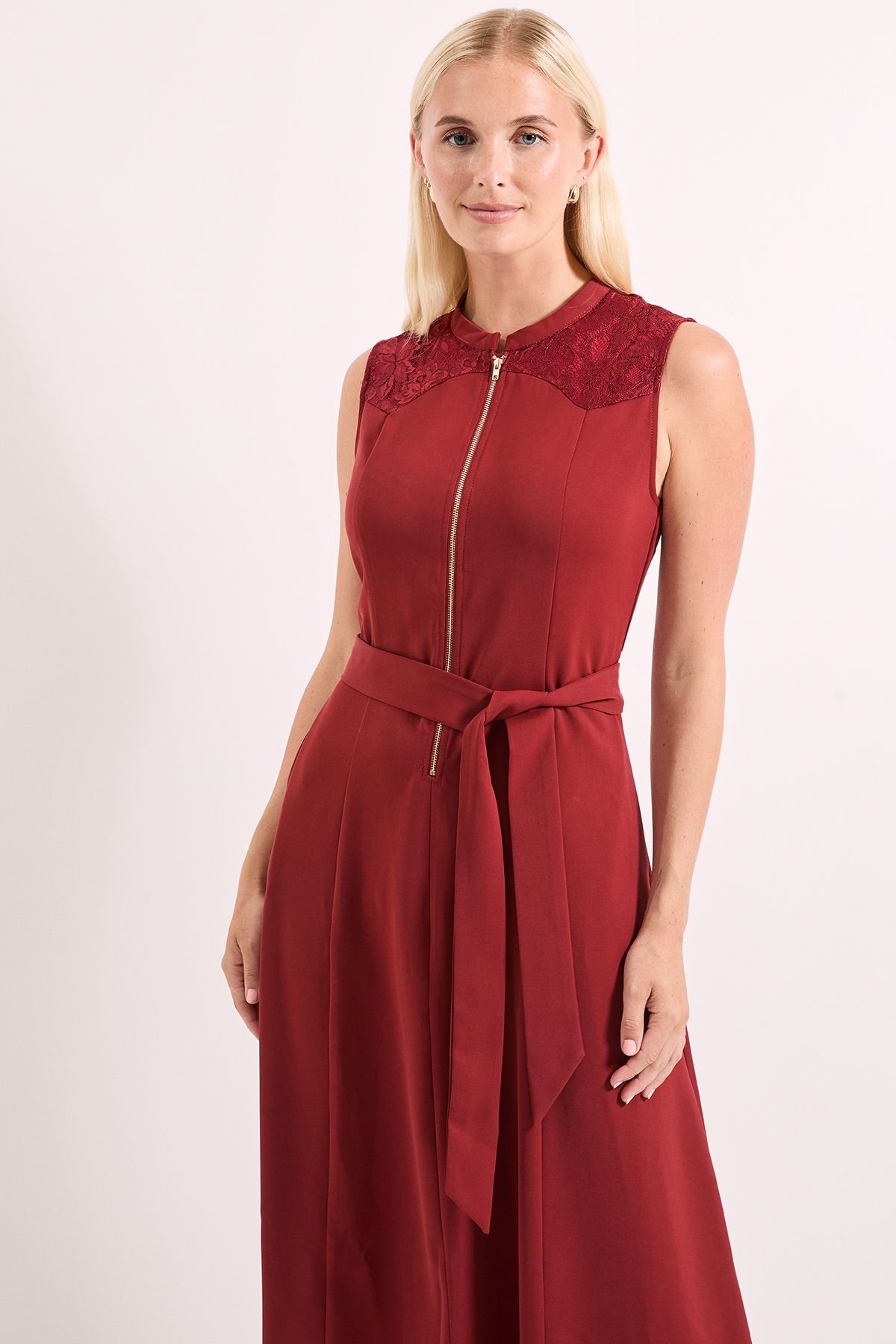 Principles Principles Women's Western Yoke Lace Detail Tie Waist Midi Dress in Berry - 2