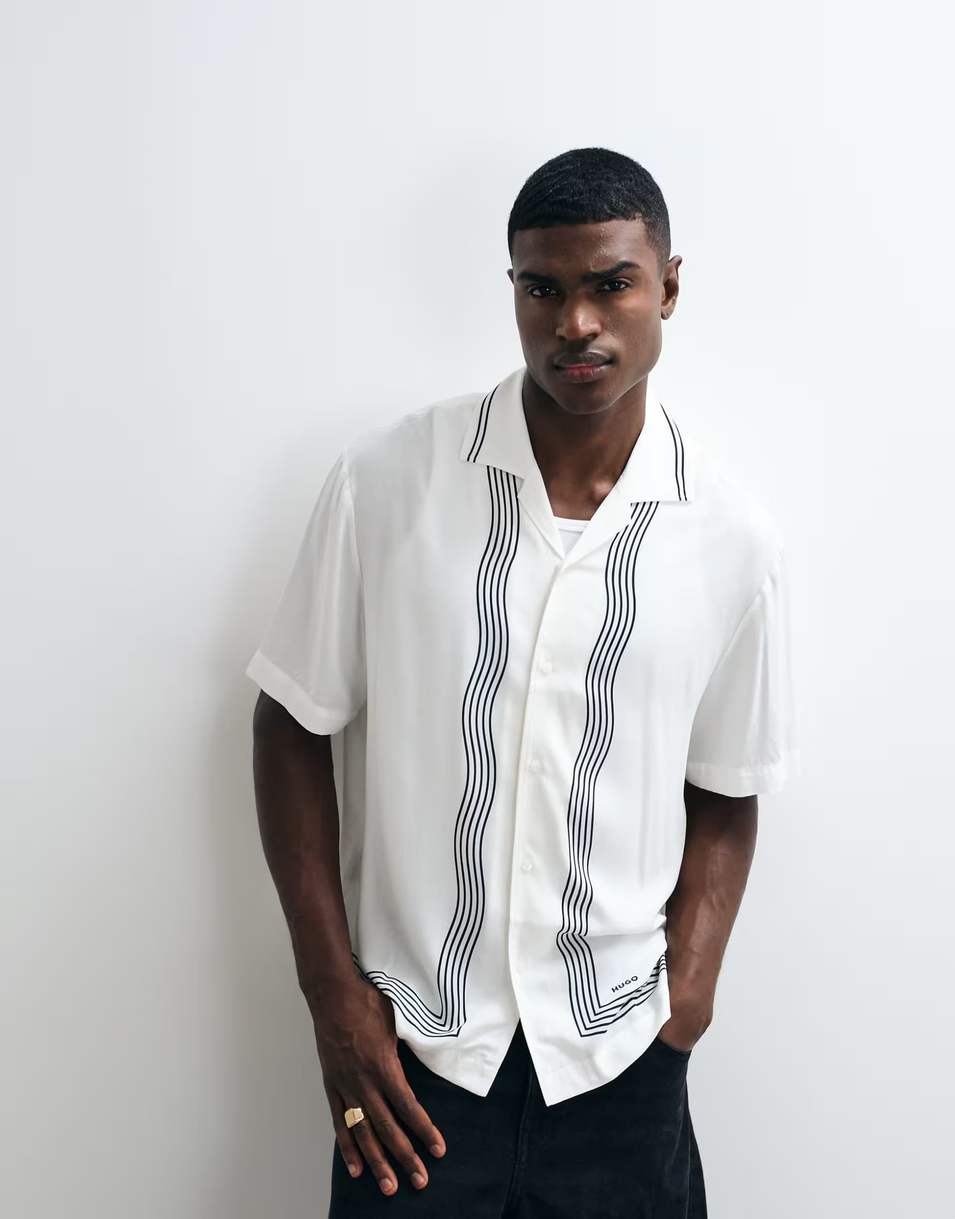 ASOS HUGO Red revere collar printed boarder shirt in white