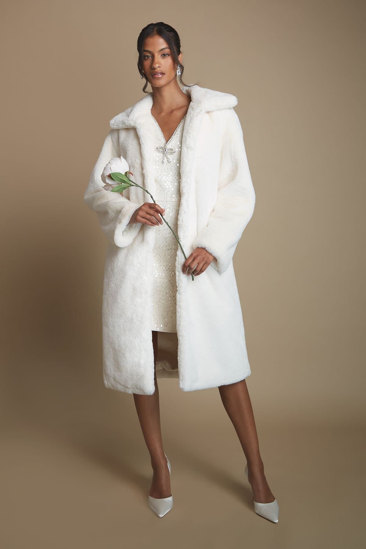 Coast Coast Women's Petite Ivory Faux Fur Longline Collared Coat