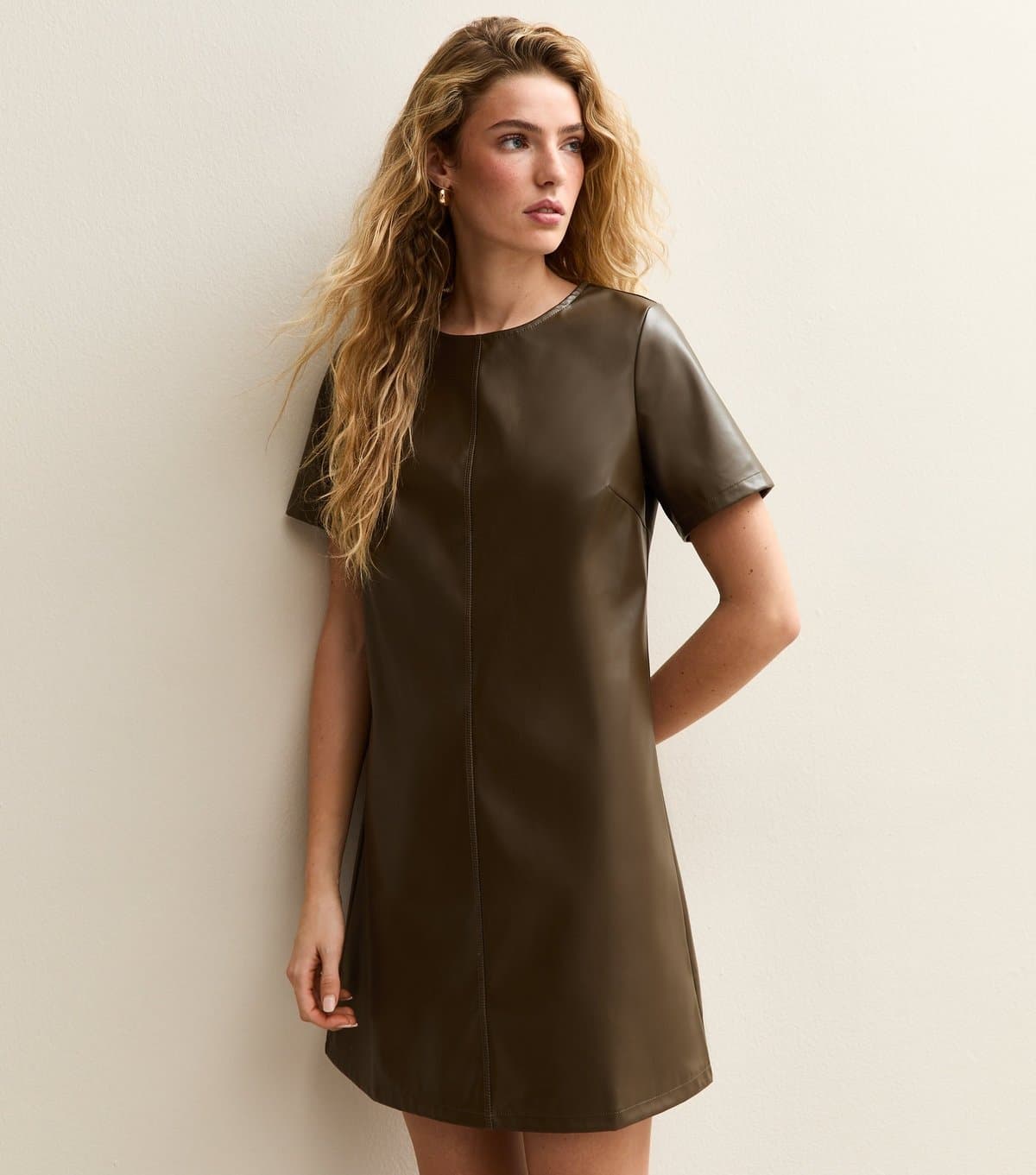New Look Women's Khaki Faux Leather Short Sleeve Mini Dress New Look