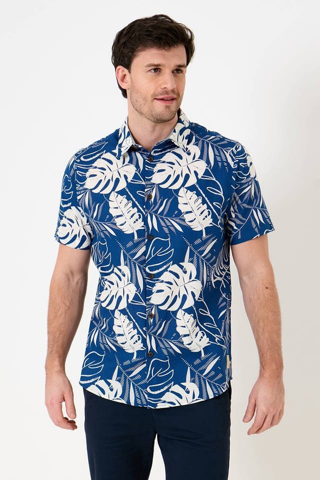 Saltwell Saltwell Men's Tropical Print Linen Rich Short Sleeve Shirt in Indigo - 3