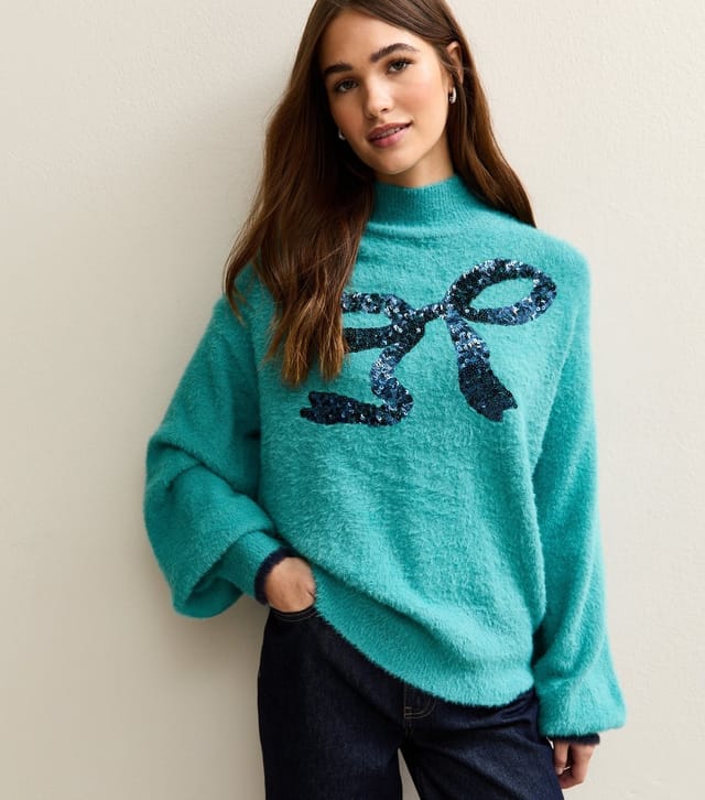 Sunshine Soul Women's Teal Brushed Sequin Bow Turtle Neck Jumper Sunshine Soul New Look - 2