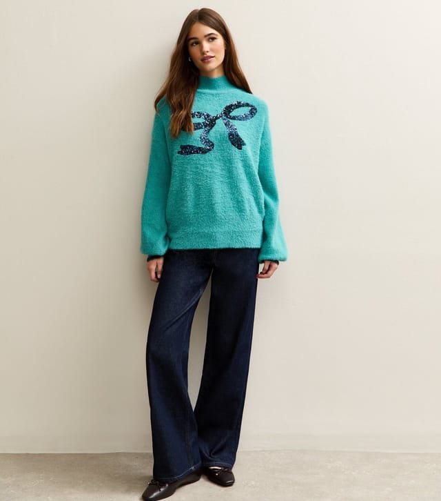 Sunshine Soul Women's Teal Brushed Sequin Bow Turtle Neck Jumper Sunshine Soul New Look - 3
