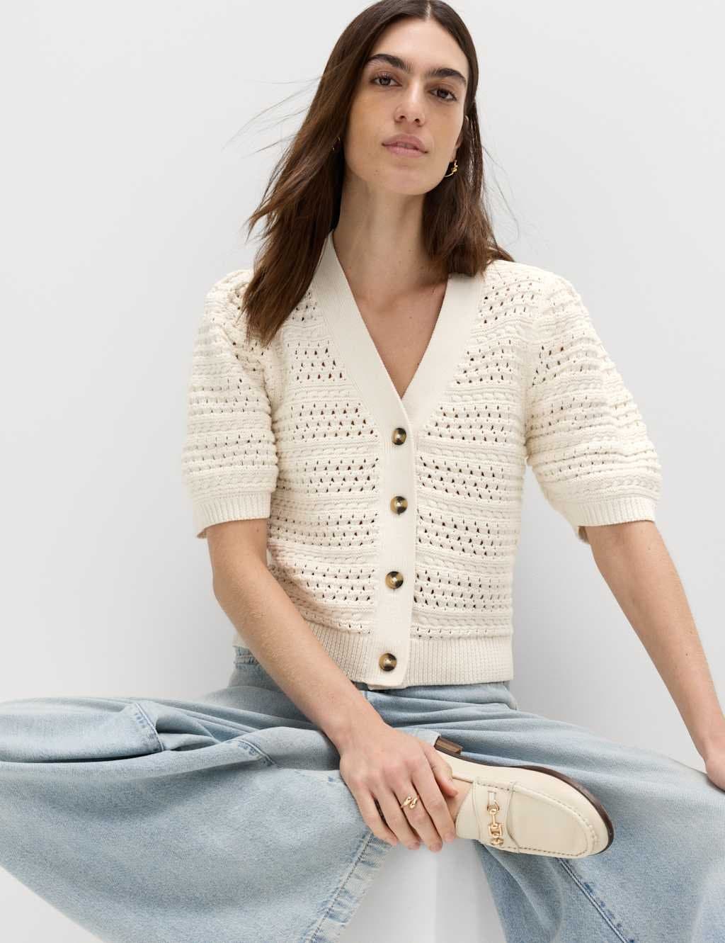 Marks & Spencer M&S Pure Cotton Puff Sleeve Cropped Cardigan Ivory