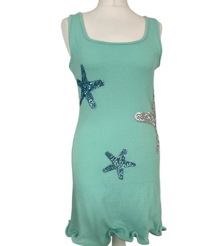 EGO Seafoam Green Starfish Sequin Summer Mini Dress