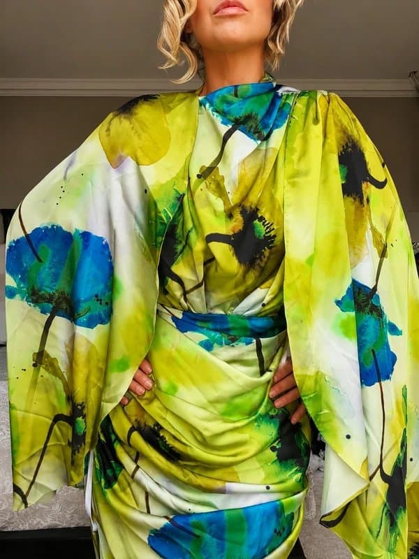 ASOS ASOS Arrange Green & Blue Abstract Print Satin Wrap Dress/Kimono with cape sleeves UK 8