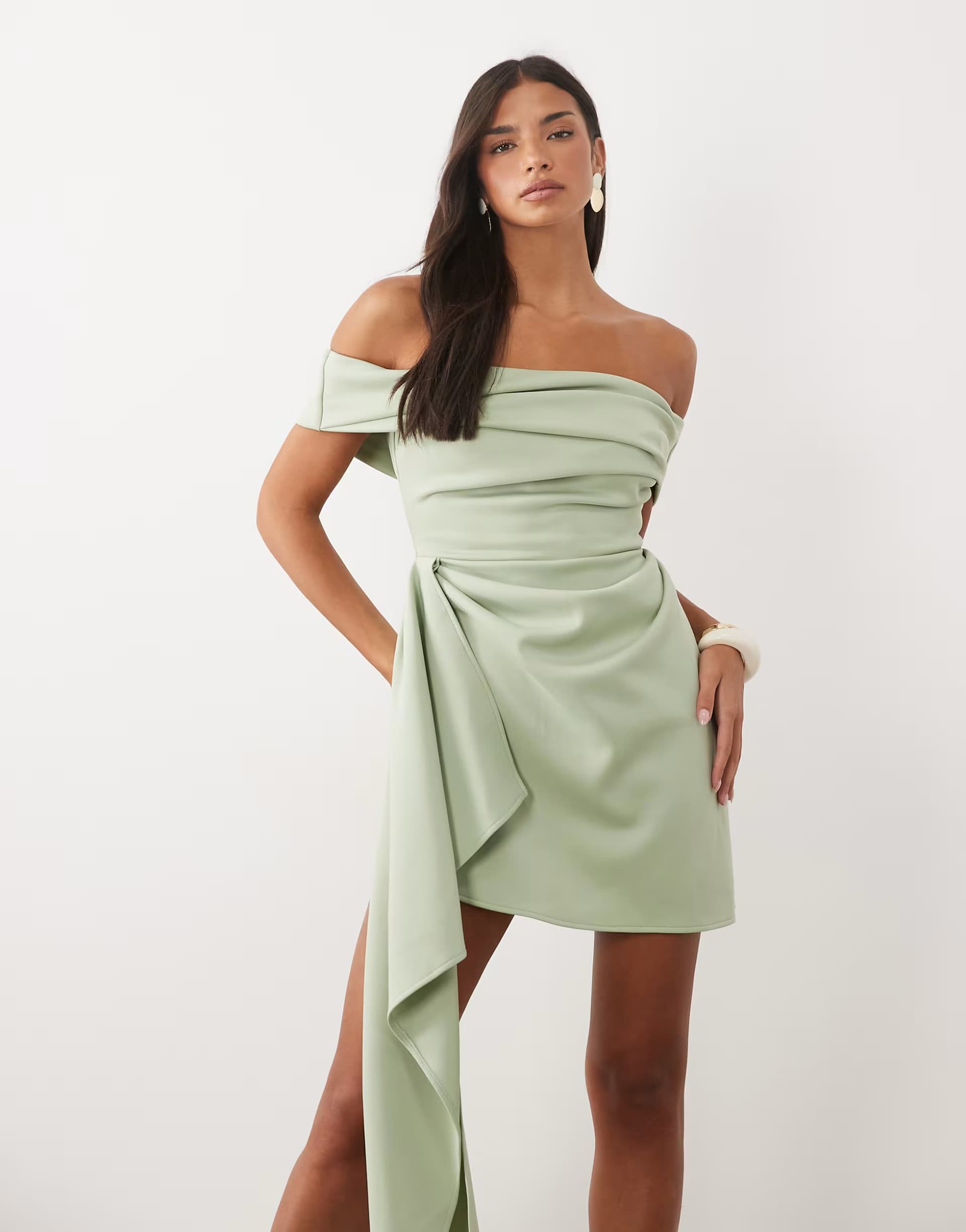 ASOS ASOS DESIGN drape bardot mini dress with asymmetric skirt in sage scuba-style fabric