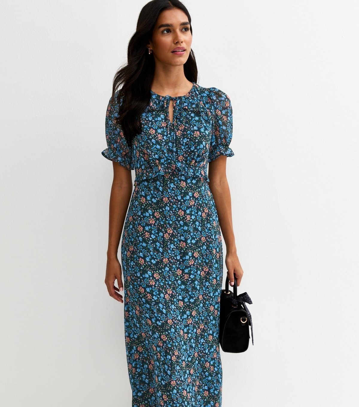 New Look Women's Blue Floral Short Sleeve Midi Dress New Look