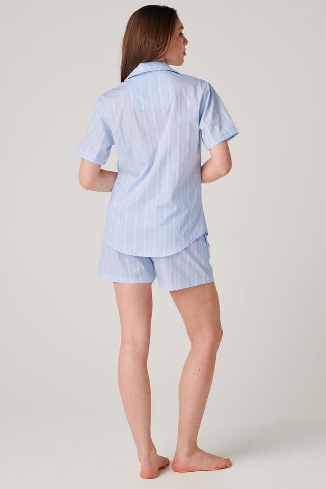 British Boxers British Boxers Women's "Breezy Blue Satin Stripe" Crisp Cotton Short Pyjama Set in Baby Blue - 3