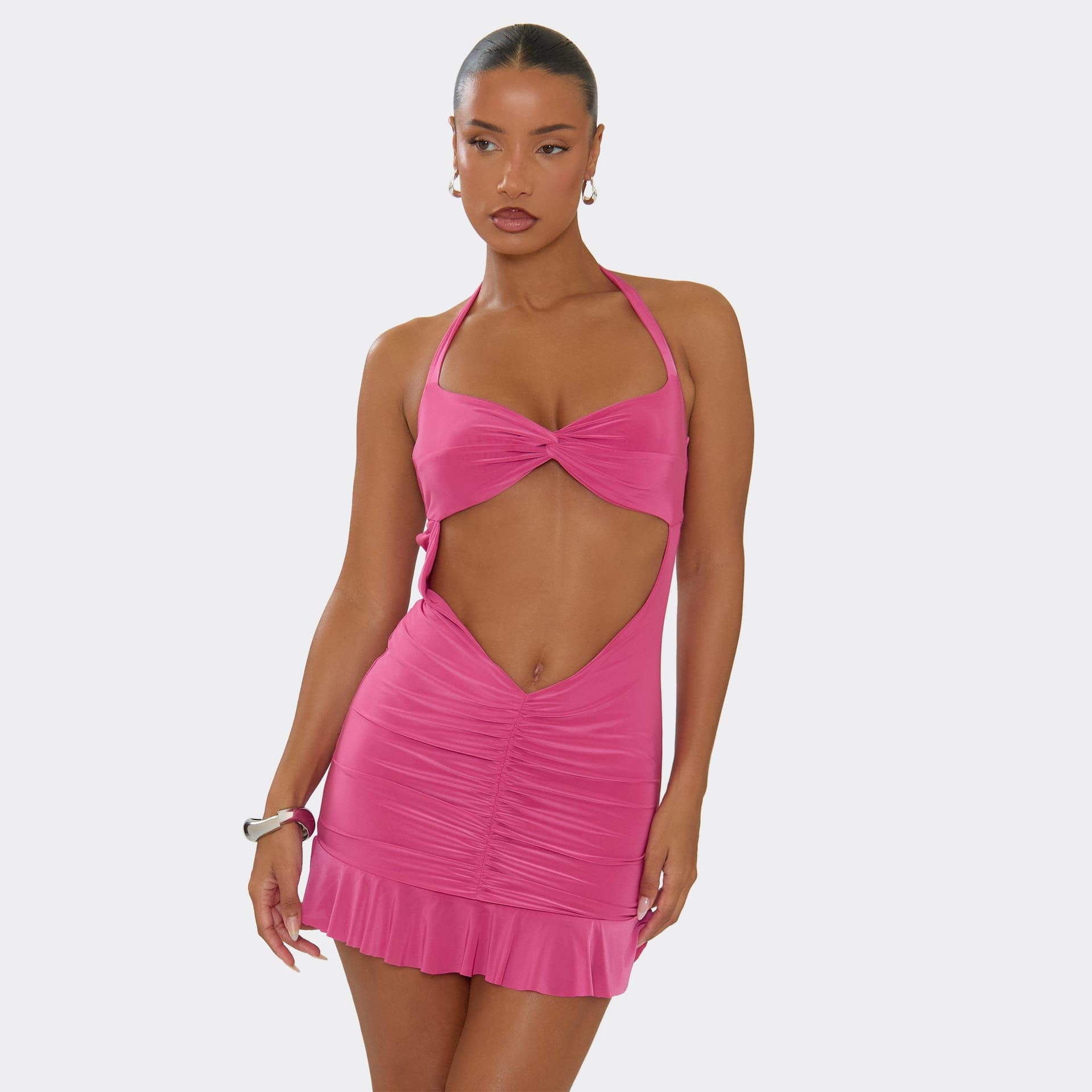 EGO Halterneck Cut Out Front Ruched Mini Dress In Pink, Women's Size UK 6