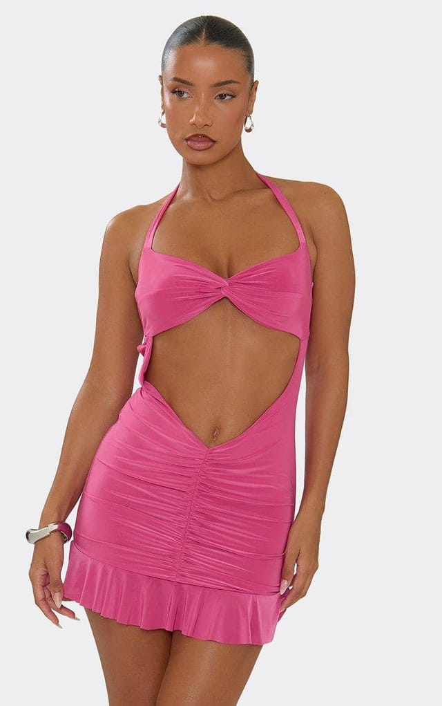 EGO Halterneck Cut Out Front Ruched Mini Dress In Pink, Women's Size UK 6 - 2