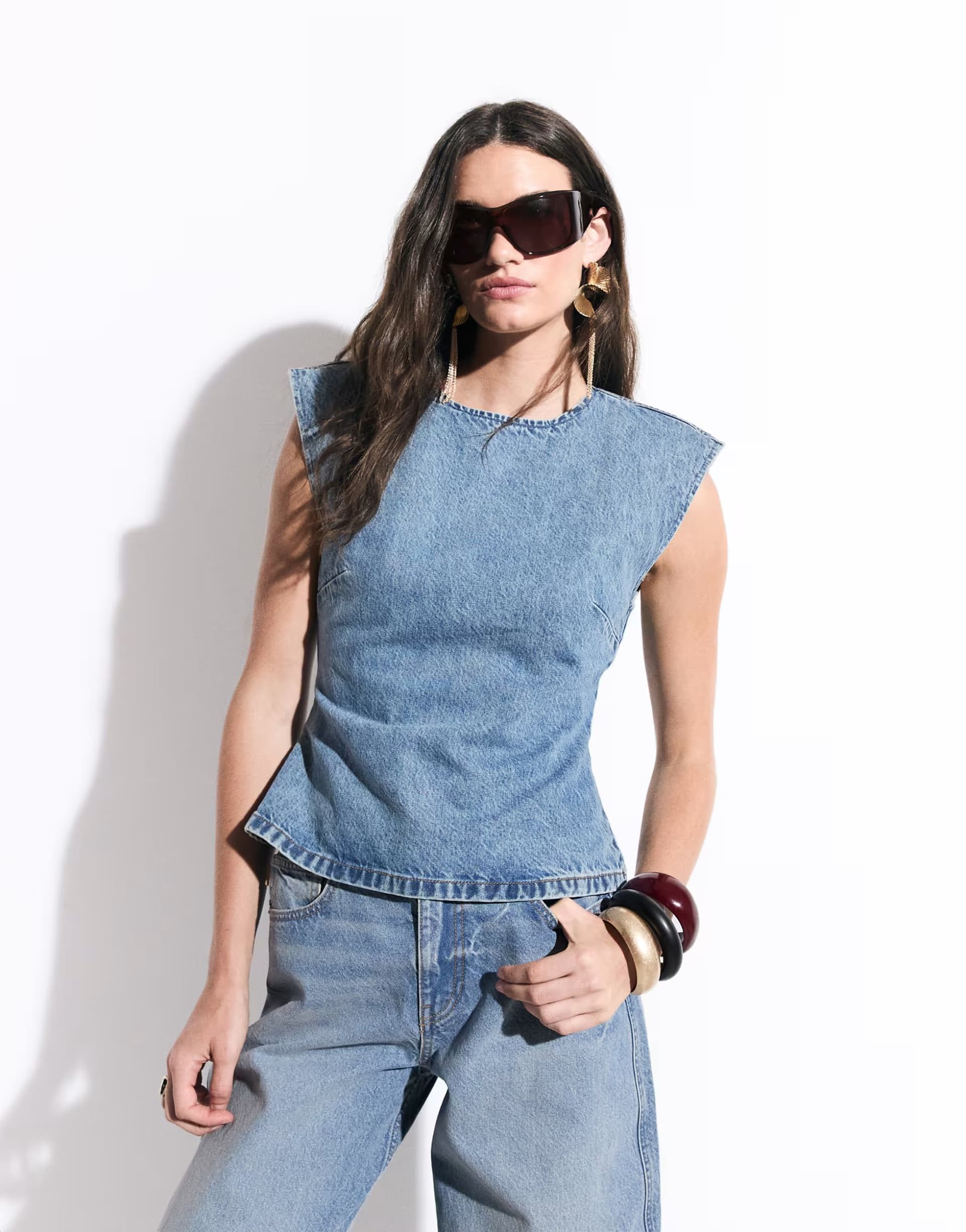 ASOS ASOS DESIGN denim shoulder pad sleeveless co-ord in light mid blue