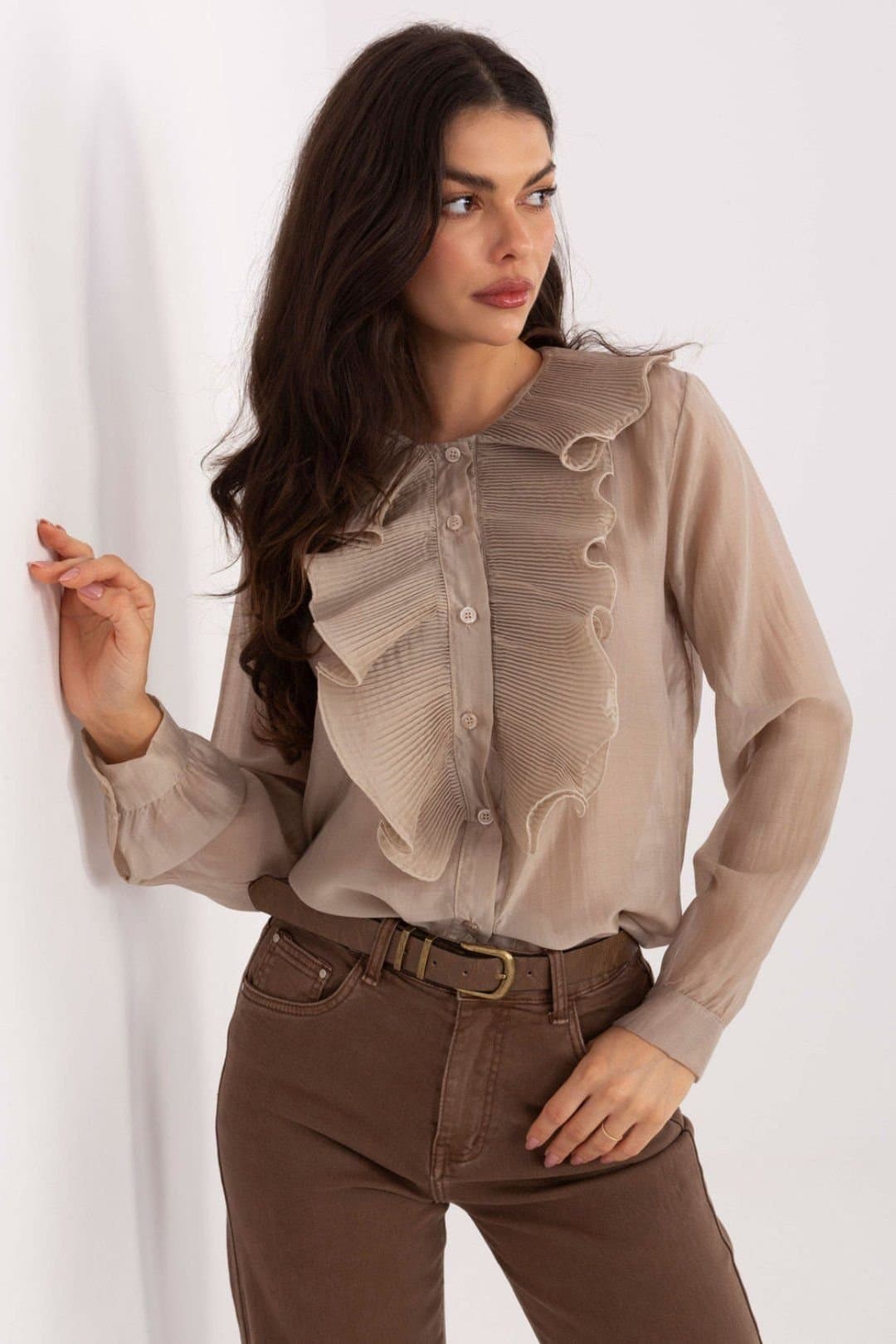 Love Lace Love Lace Women's Elegant Tencel Blend Long Sleeve Jabot Shirt in Beige