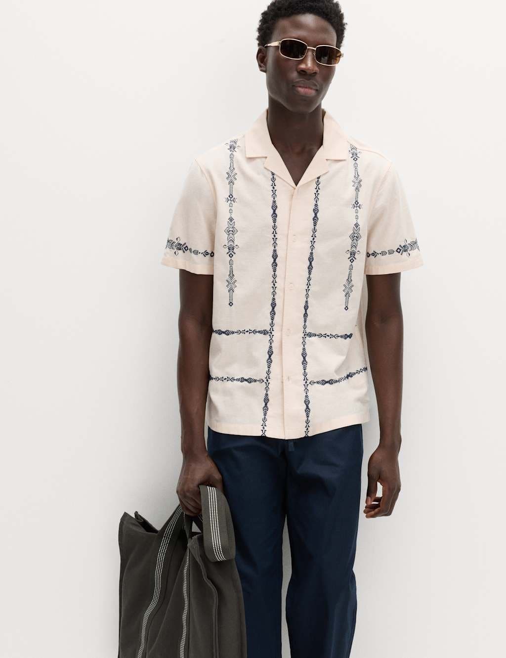 Marks & Spencer M&S Blue Mix Cotton Rich Embroidered Shirt