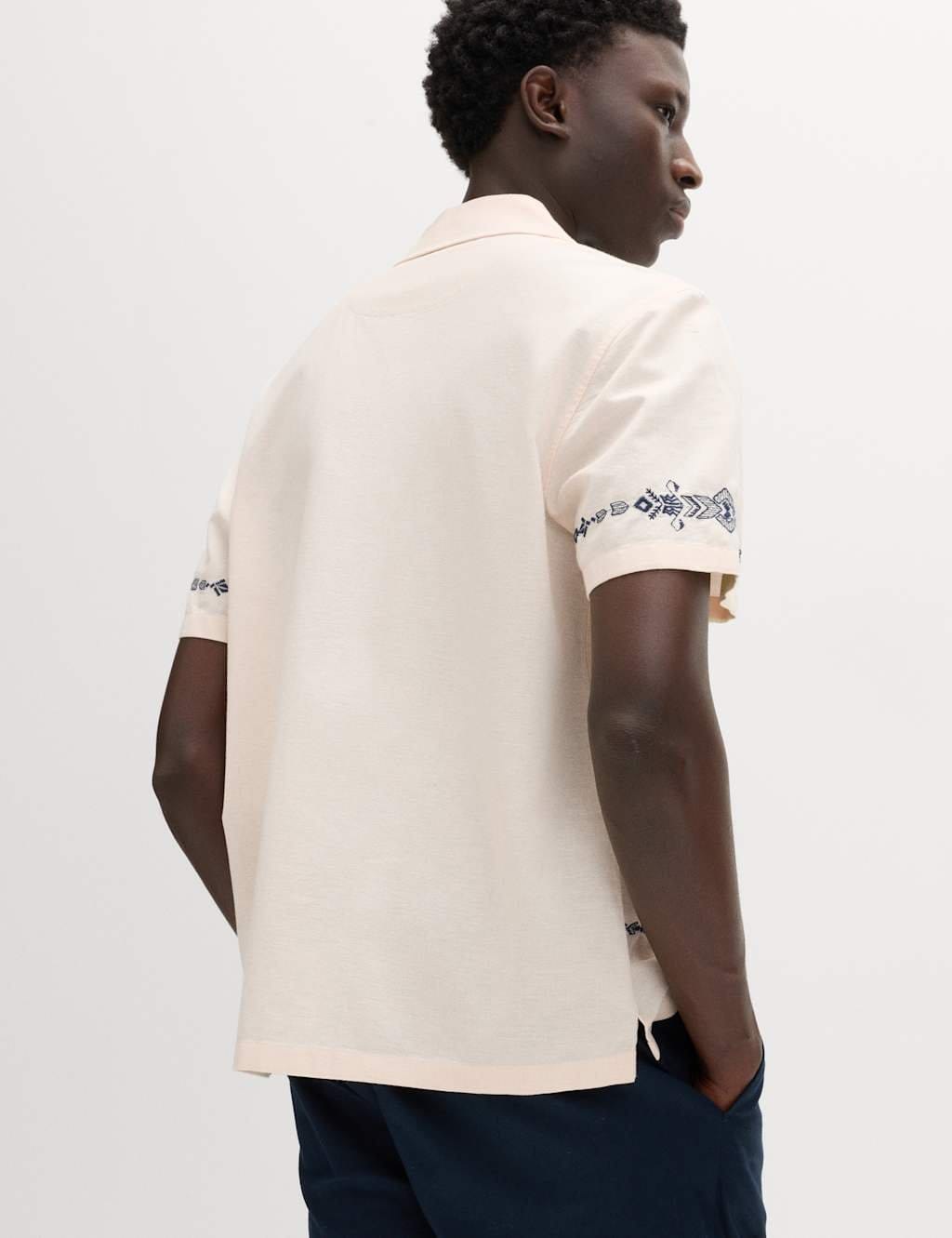 Marks & Spencer M&S Cotton Rich Embroidered Short Sleeve Shirt Blue Mix - 4